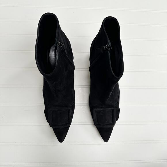 Manolo Blahnik Baylow Black Suede Ankle Boots Maysale Buckle Heel 38.5 - Picture 4 of 16